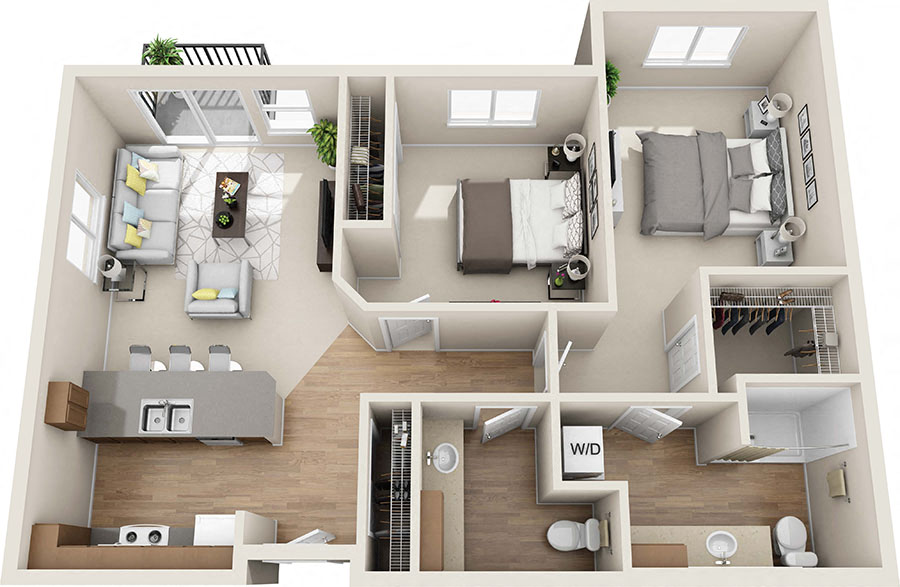 Floor plan for 2 beds, 1.5 baths, 1001 sqft